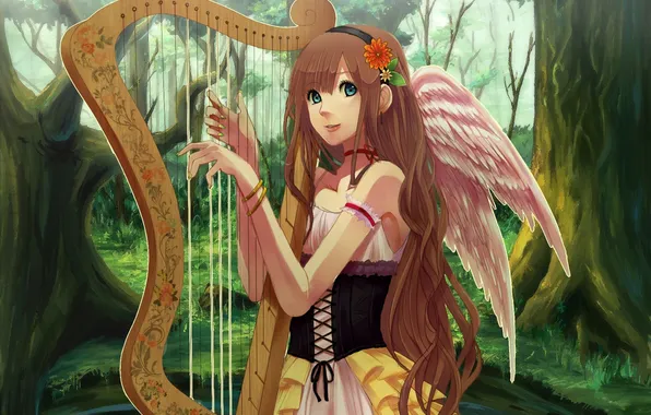Forest, girl, lake, wings, art, harp, musical instrument