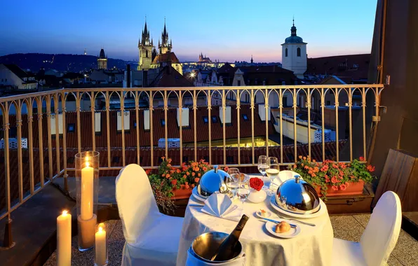 Flowers, candles, balcony, Prague, table, Prague, The Czech Republic, dinner