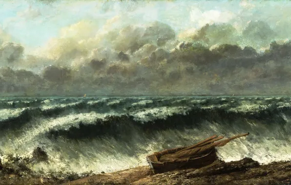 Sea, wave, the sky, clouds, storm, boat, storm, picture