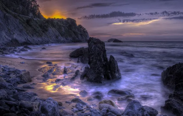 Sea, night, nature, rocks