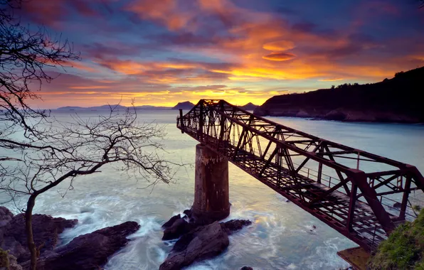 Picture sea, the sky, sunset, tree, rocks, the bridge to nowhere