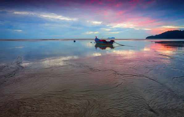 Sea, the sky, rocks, shore, boat, tide, glow