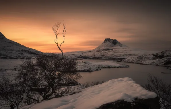 Snow, mountains, morning