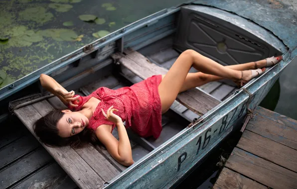 Picture look, girl, pose, boat, legs, red dress, Dmitry Shulgin