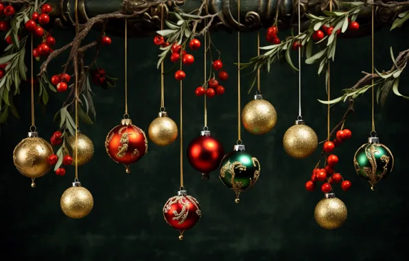 Balls, Christmas, red, New year, Christmas decorations, Christmas decorations, AI art, neural network