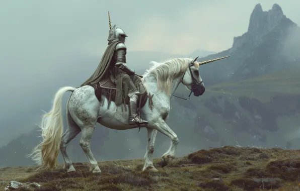Mountains, fog, rocks, horse, horse, armor, warrior, fantasy