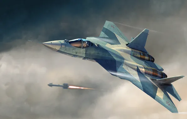 Picture figure, shot, rocket, start, T-50, PAK FA, Sukhoi, The Russian air force