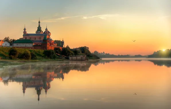 Water, the sun, sunset, shore, construction, River, fortress, Russia