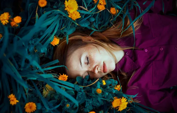 Grass, girl, flowers, sleep, freckles, red, redhead, calendula