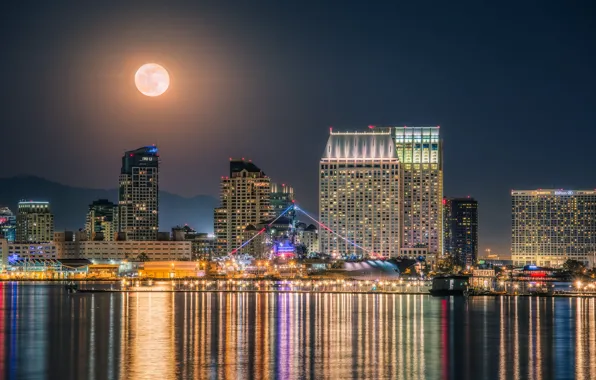 Water, glare, the moon, ship, building, port, CA, the carrier