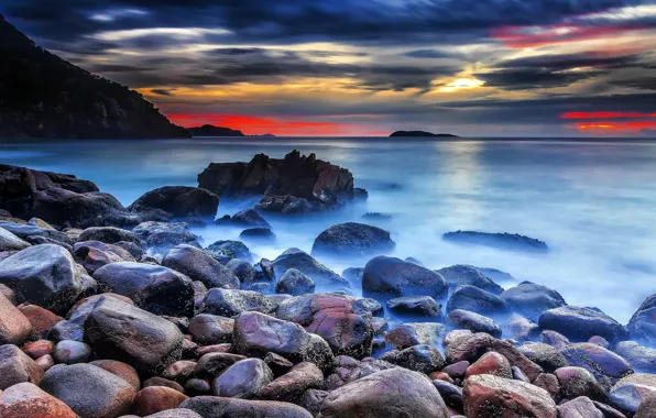 Sea, sunset, stones, shore, Coast, sunset, stones, Sea