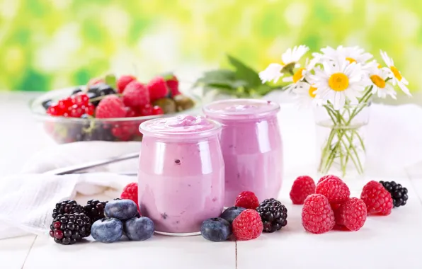 Picture flowers, berries, raspberry, chamomile, blueberries, jars, dessert, BlackBerry