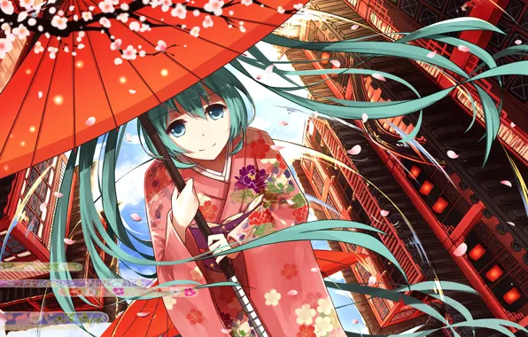Picture girl, umbrella, anime, petals, Sakura, art, kimono, vocaloid