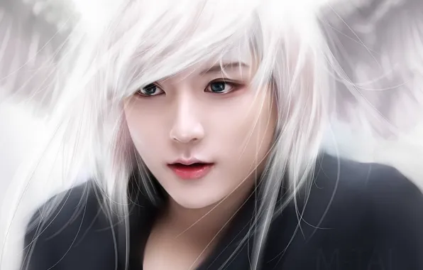 Girl, face, art, white hair, M-Tai