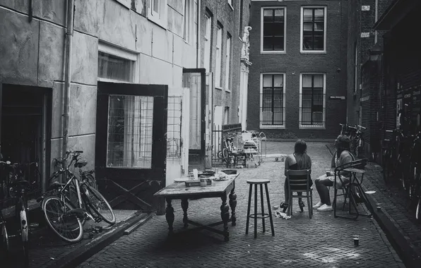 The city, girls, street, building, bikes