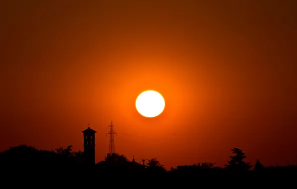 The sky, the sun, trees, sunset, tower, silhouette, support