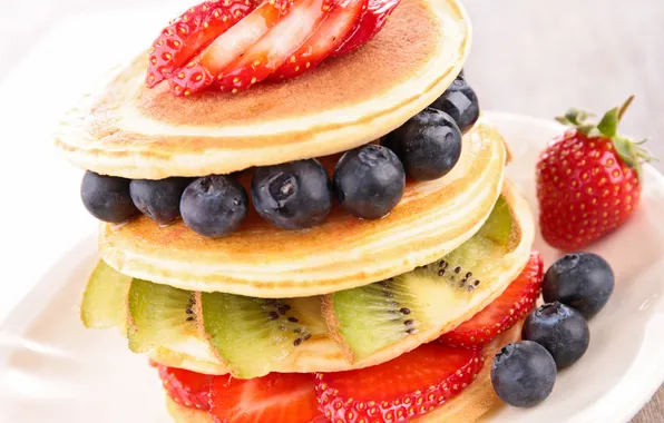 Picture berries, kiwi, blueberries, strawberry, fruit, mint, pancakes
