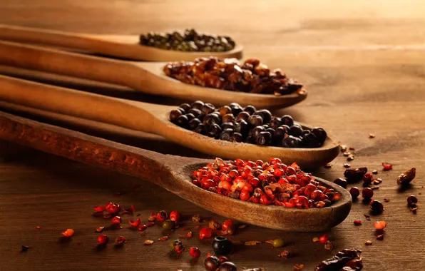 Red, black, polka dot, pepper, spices, spoon, seasoning