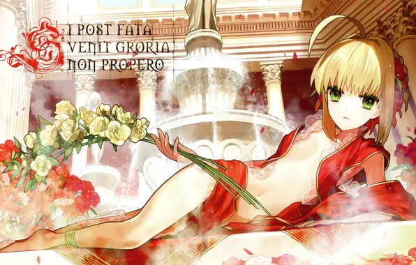 Picture girl, flowers, bouquet, dress, lies, fountain, saber, fate/stay night