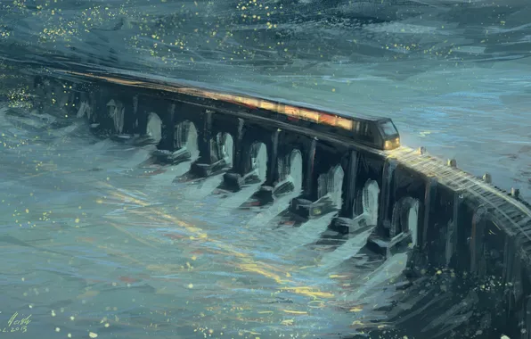 Bridge, river, rails, train, art, painting