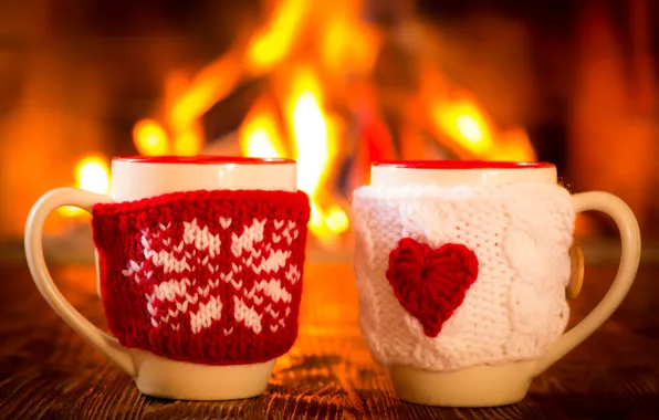 Winter, coffee, hot, Cup, fire, fireplace, winter, cup