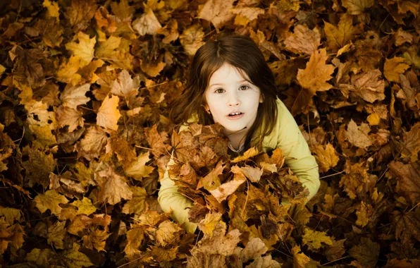 Picture autumn, leaves, children, smile, yellow, mood, mood, foliage