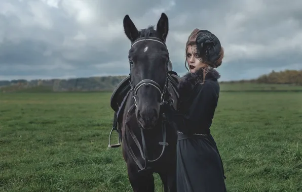 Picture girl, horse, hat, lady