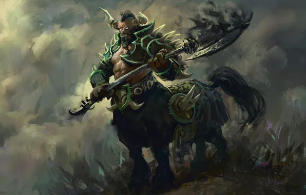 Picture art, horns, armor, axe, painting, centaur, Dota 2, Centaur
