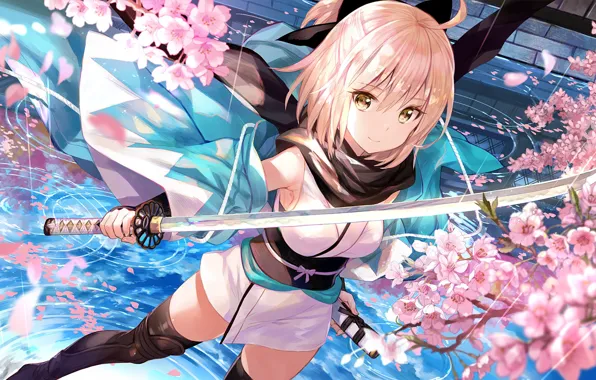 Picture girl, flowers, sword, anime, fate/grand order