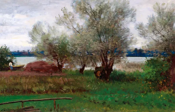 Grass, Trees, River, Picture, German landscape painter, Joseph Wopfner, Josef Wopfner, Landscape on the banks …