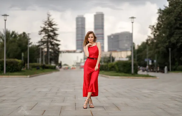 City, grass, long hair, trees, women, brunette, red dress, heels