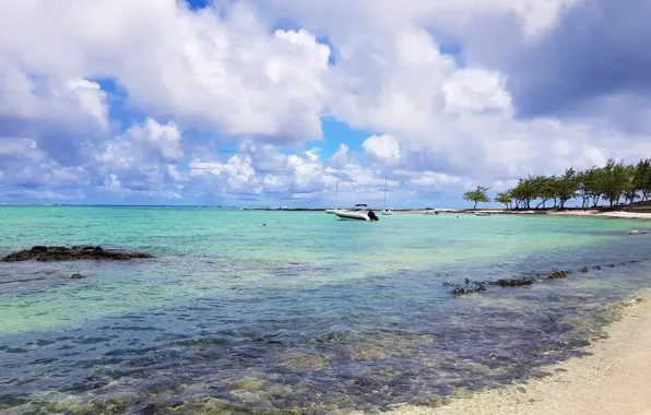 Sand, beach, the ocean, coast, island, boat, The Indian ocean, Mauritius