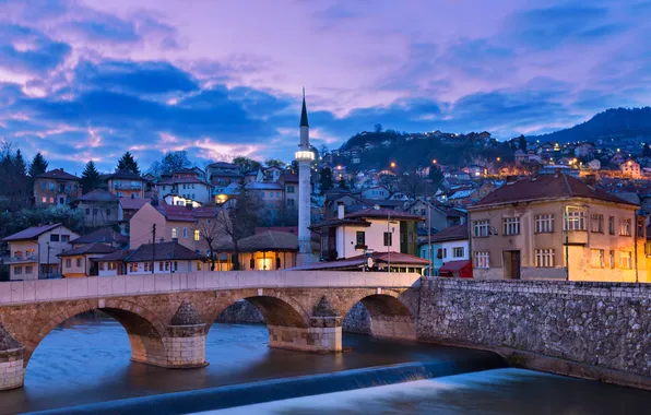 The sky, clouds, mountains, bridge, the city, river, dawn, building