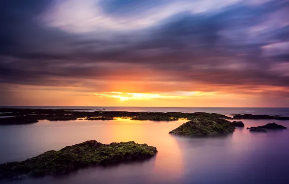 Sea, the sky, clouds, sunset, stones, rocks