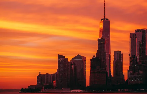 Picture city, lights, USA, twilight, river, skyline, sky, sunset