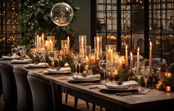 Glass, branches, lights, interior, candles, glasses, Christmas, dishes