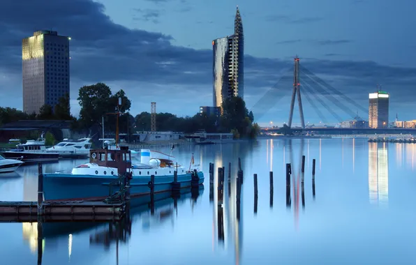 Picture twilight, river, skyline, skyscraper, ship, riga, sights, reflexion