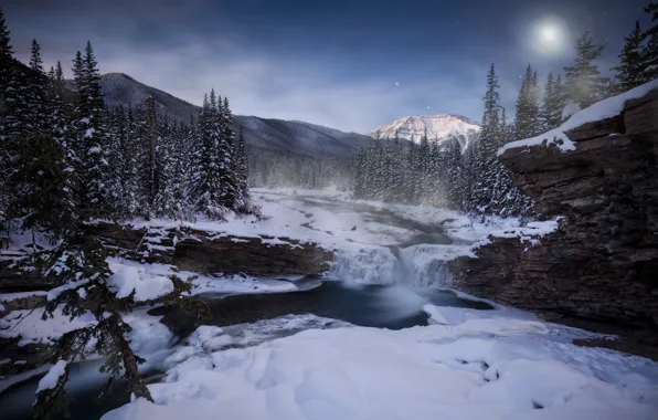 Picture winter, forest, snow, trees, mountains, river, waterfall, Canada