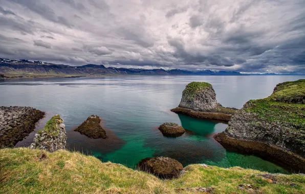 The sky, grass, clouds, nature, lake, stones, Iceland, snaefellsnes