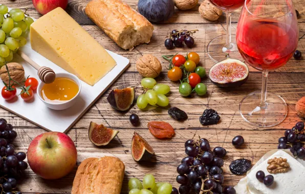 Wine, glass, cheese, honey, grapes, baguette, figs