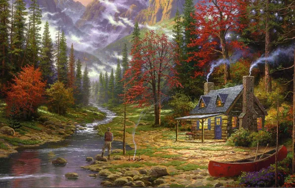 Picture forest, mountains, house, river, boat, figure, picture, fisherman