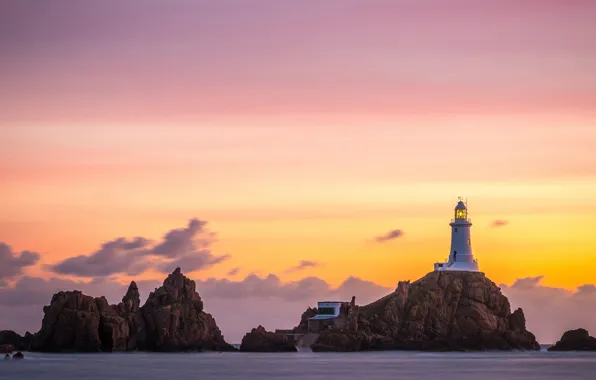 Sea, clouds, landscape, sunset, nature, stones, rocks, lighthouse