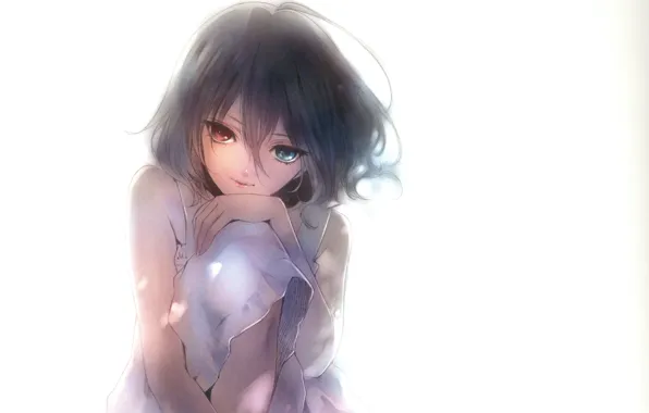 Picture white background, art, knees, bangs, different eyes, Mei Misaki, AnOther, hiro kiyohara