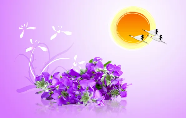 Purple, the sun, birds, figure, cranes