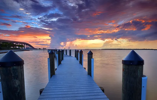 Landscape, sunset, bridge, river