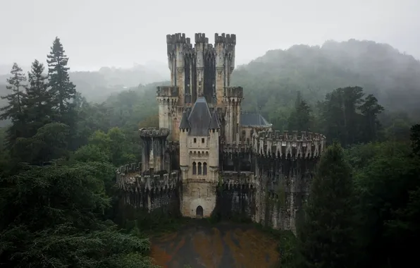 Picture forest, the sky, trees, fog, rain, overcast, architecture, Spain