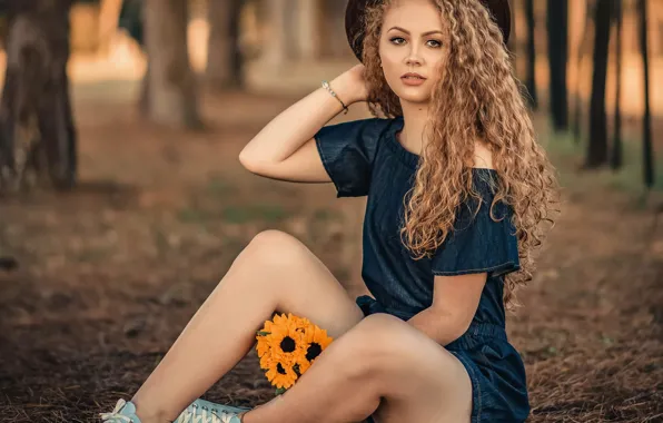 Picture girl, trees, flowers, nature, pose, sneakers, bouquet, hat