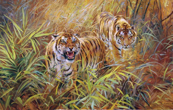 Grass, Picture, Donald Grant, Tigers, Grin, Predators, British animal artist, Big Cats