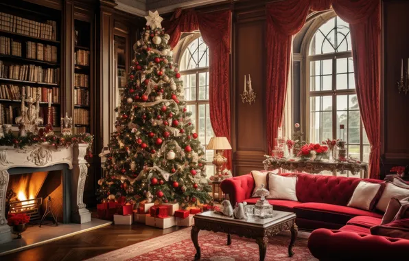 Room, tree, interior, Christmas, New year, fireplace, Christmas, view
