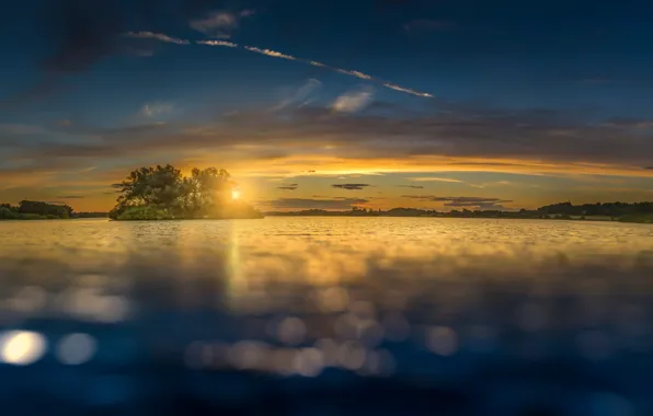 Summer, water, sunset, lake, island, the evening, Bank, bokeh